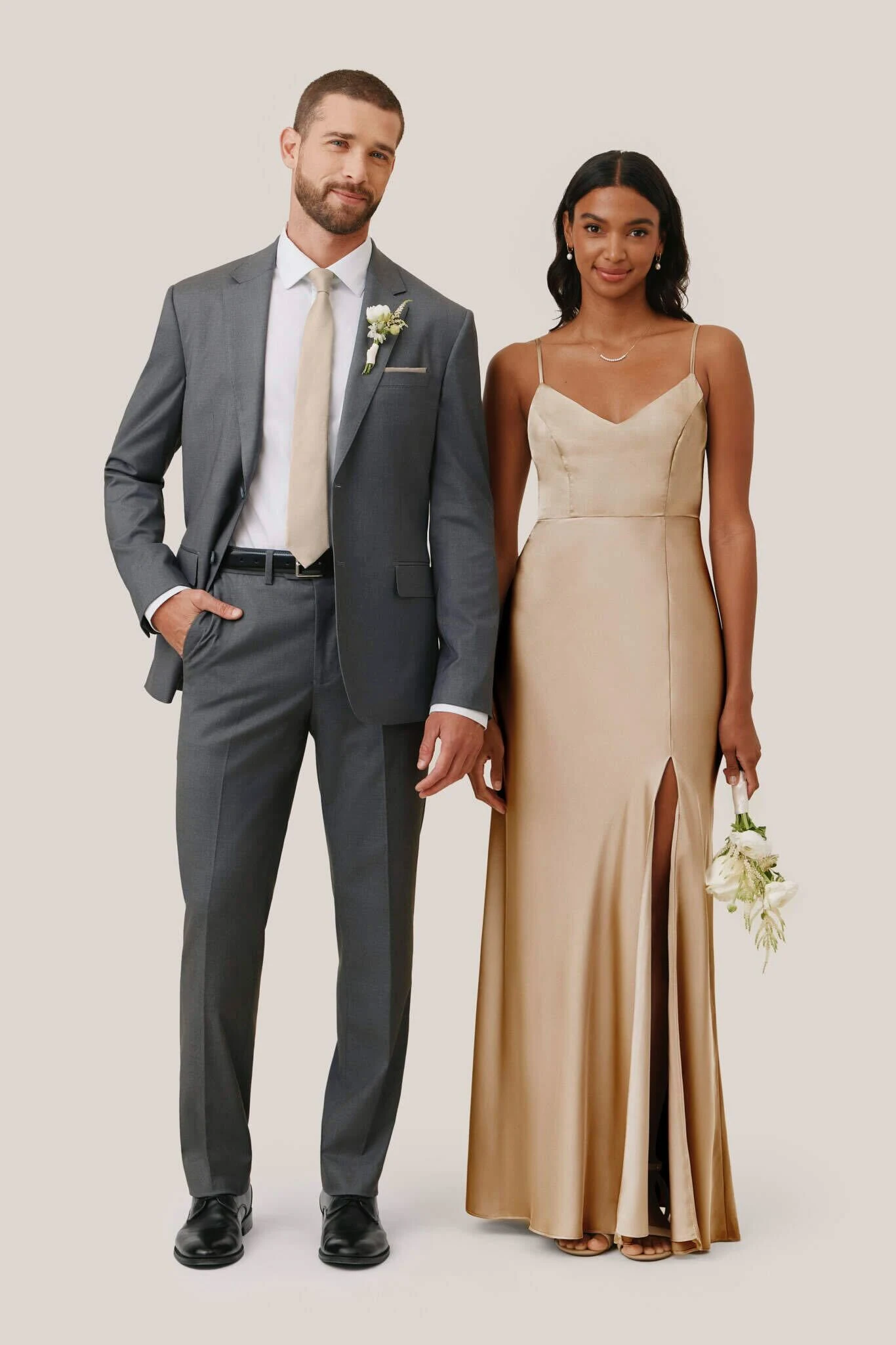 Neutral Champagne Catherine Matte Satin Dress by Birdy Grey