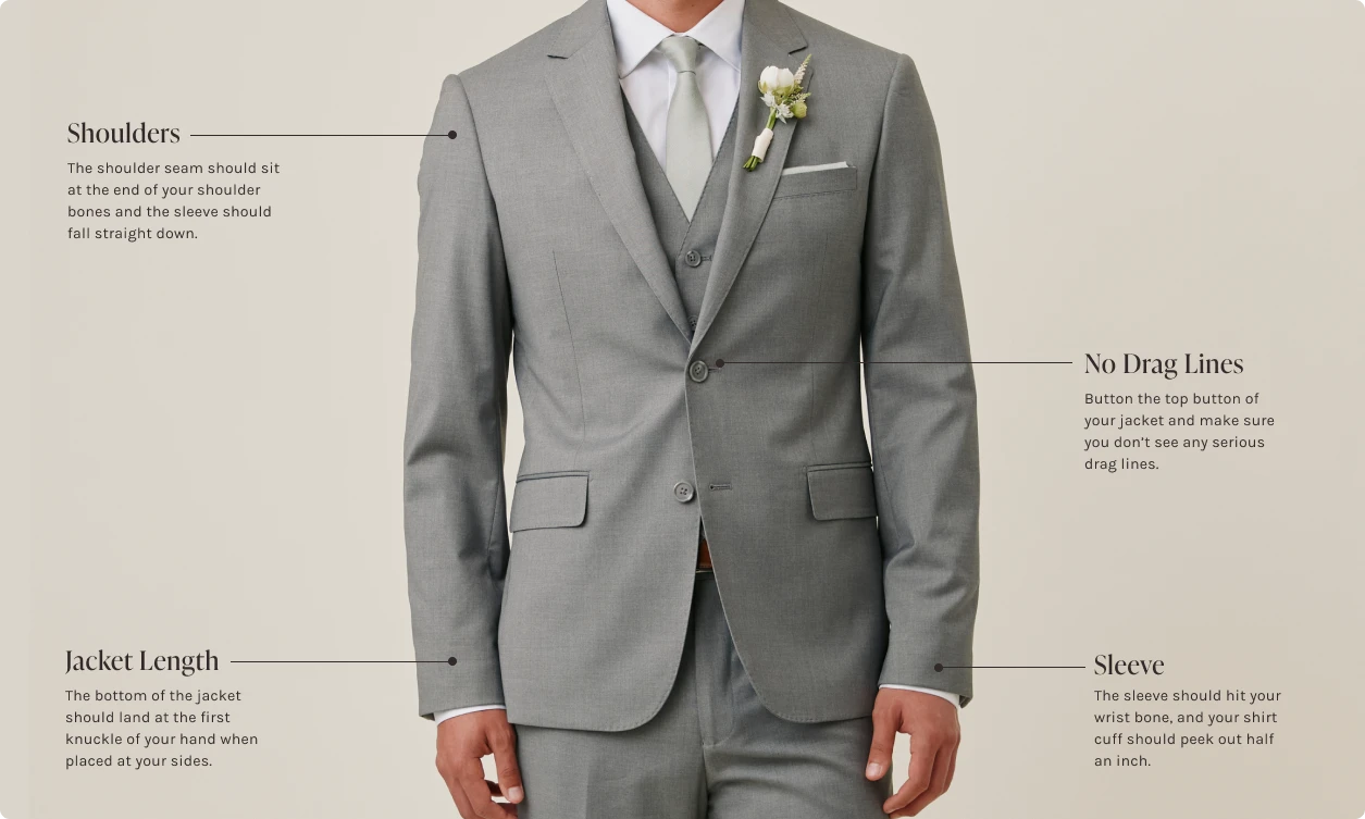 A guide to how your suit jacket should fit in the shoulders, sleeve, and length.